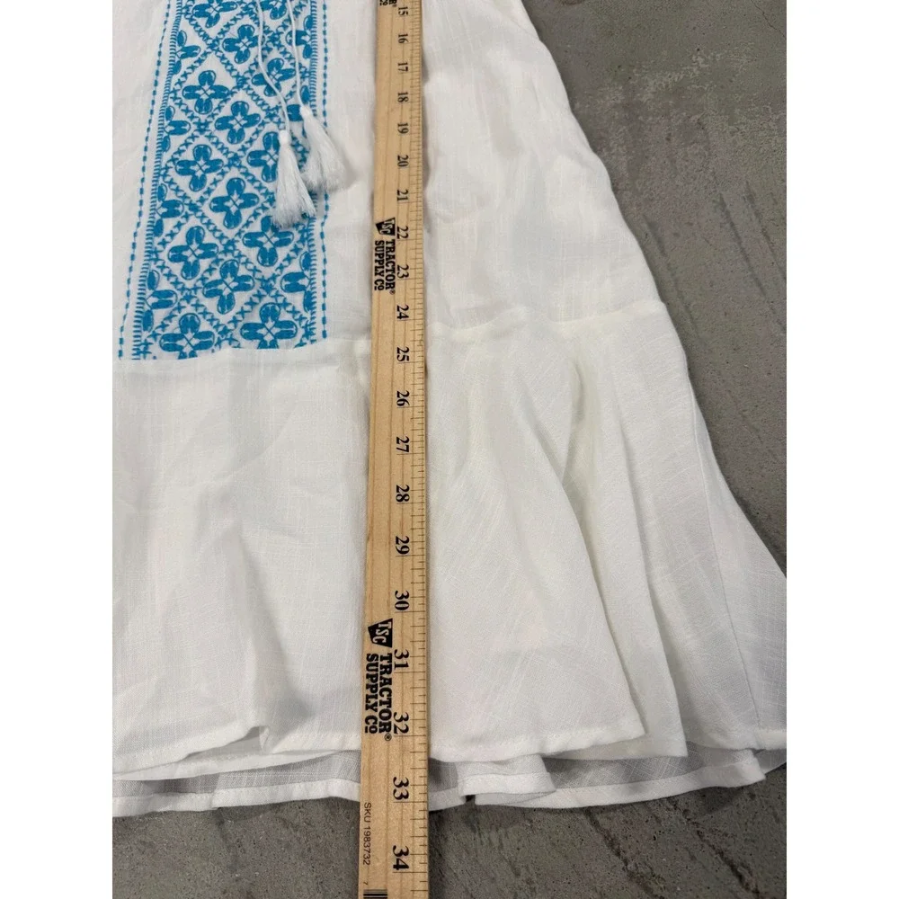 Julie Brown Selma Dress Women 6 Ivory Turquoise New Embroidered‎ Tassel Ruffle
